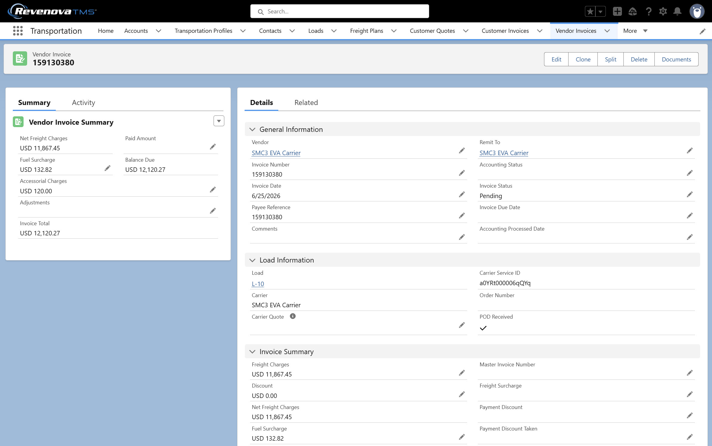 Vendor invoice summary showing charges, balance due, and invoice details.